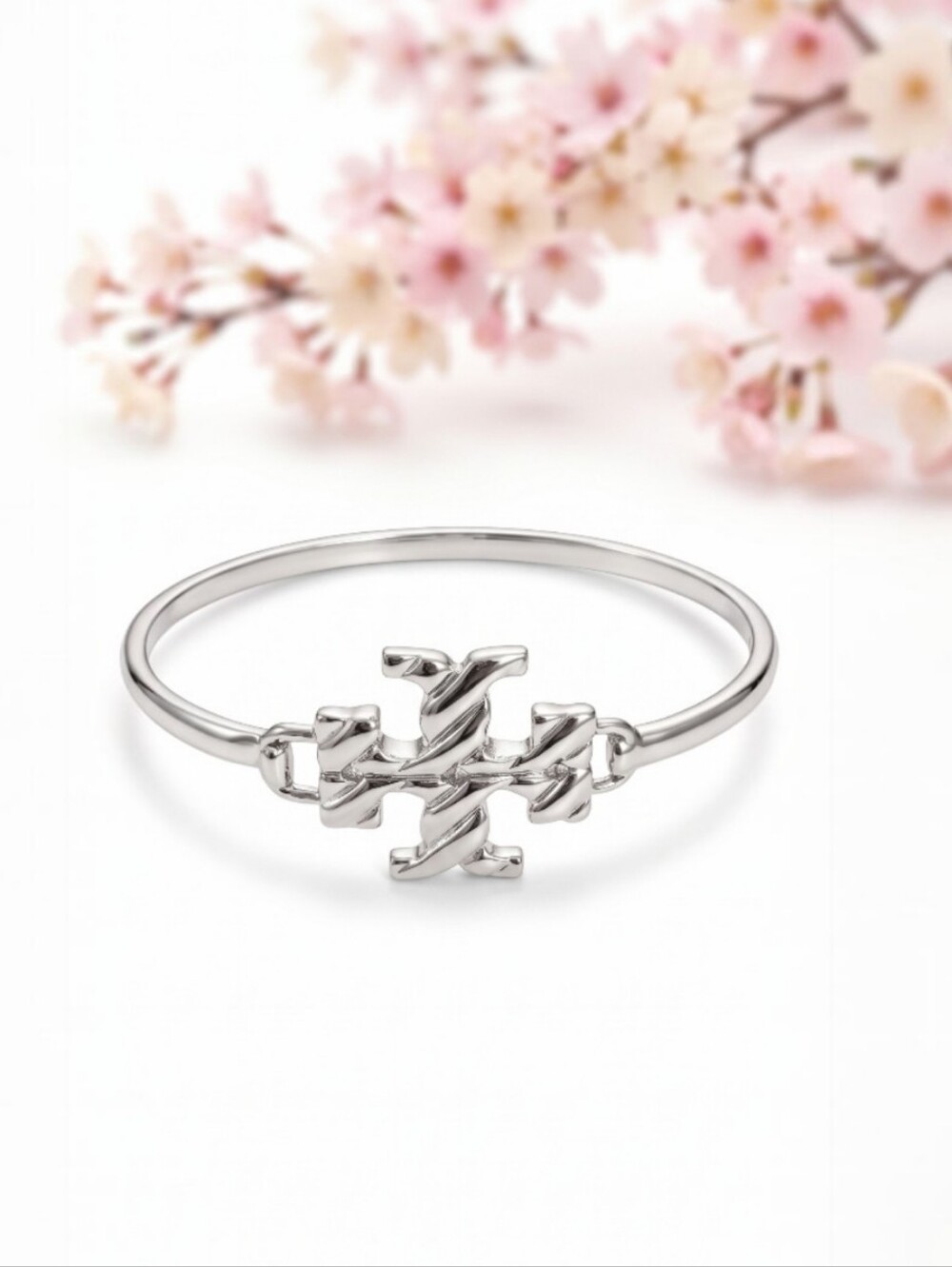 Tory Burch Silver Texrured Rope Logo Hinged Bangle Bracelet